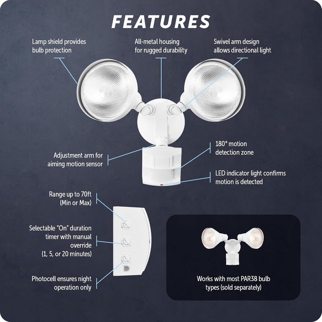 180-Degree 240 W Twin Head White Hardwired Motion Sensor Security Flood Light, Spotlight, Outdoor, Outside House