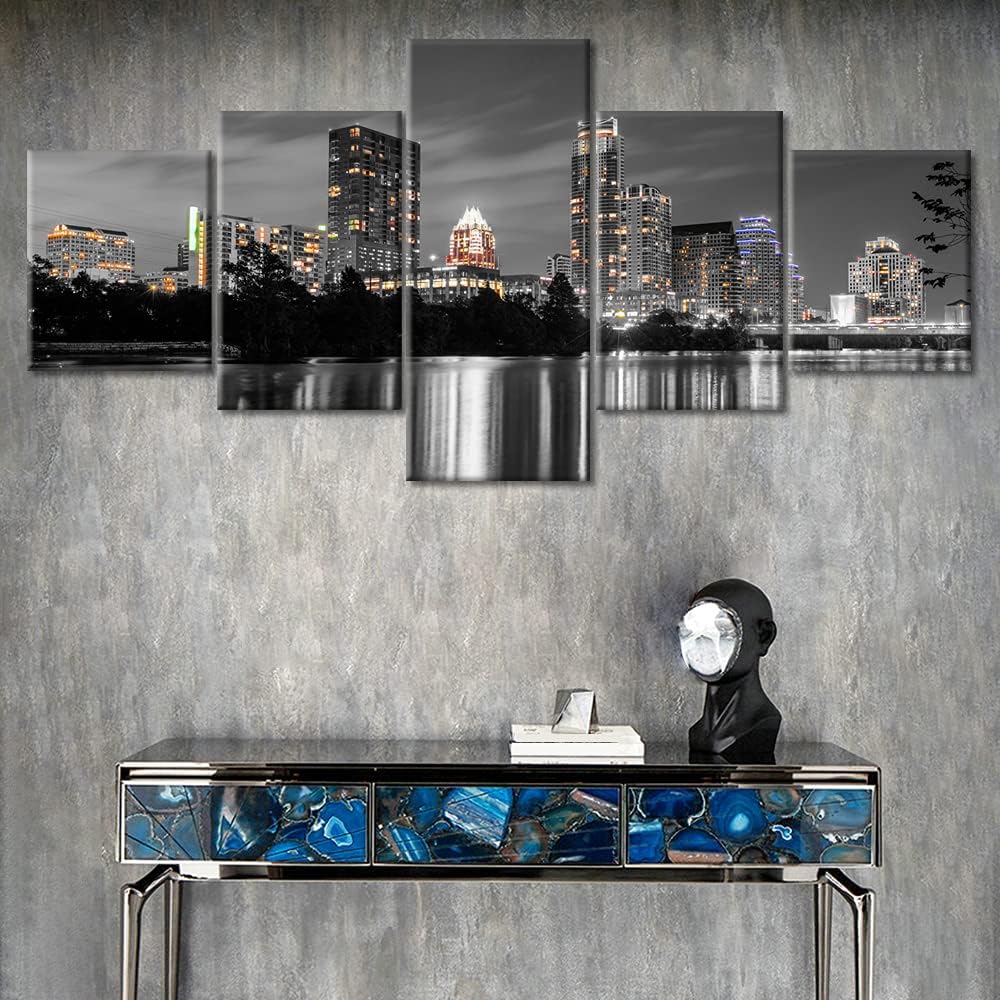 Austin Skyline Black and White Wall Art City Skyscraper Panoramic Wall Decorations Modern 5 Piece Texas Cityscape