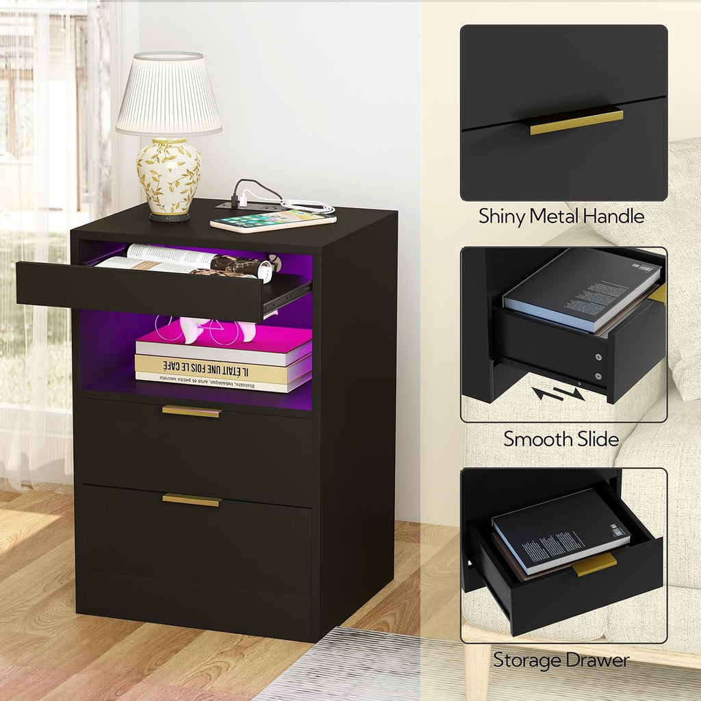 Night Stand, Black Nightstand, LED Nightstand with Charging Station, Modern Night Stand, Bedside Table, Wood Sofa