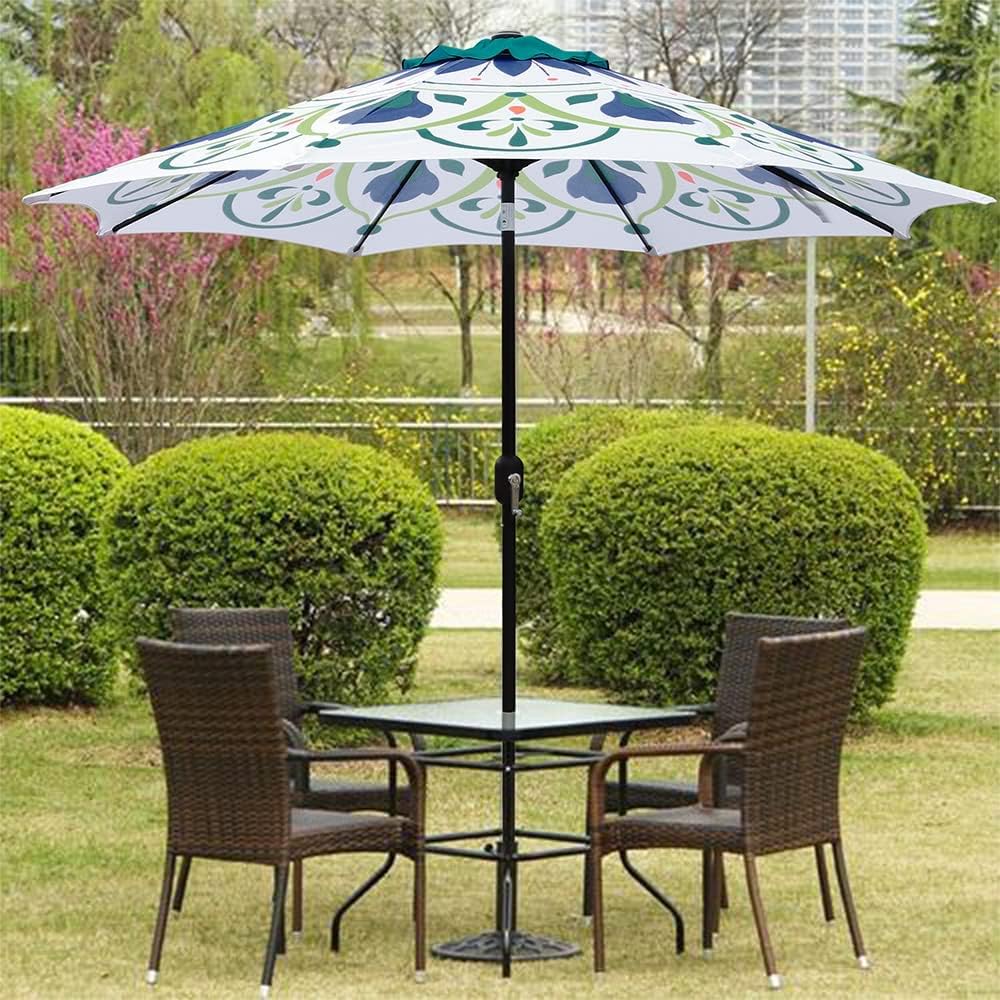 Outdoor Patio Umbrella 9Ft Crank & Tilt Printed Market Umbrella for Picnic Table, Pool, Garden, Deck, Backyard and Beach
