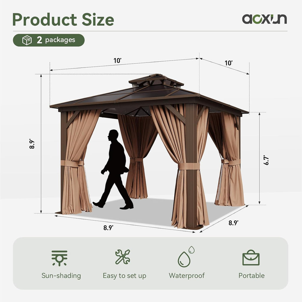 10'x10' Hardtop Gazebo, Outdoor Polycarbonate Double Top Canopy, Metal Frame Gazebo with Netting and Curtains