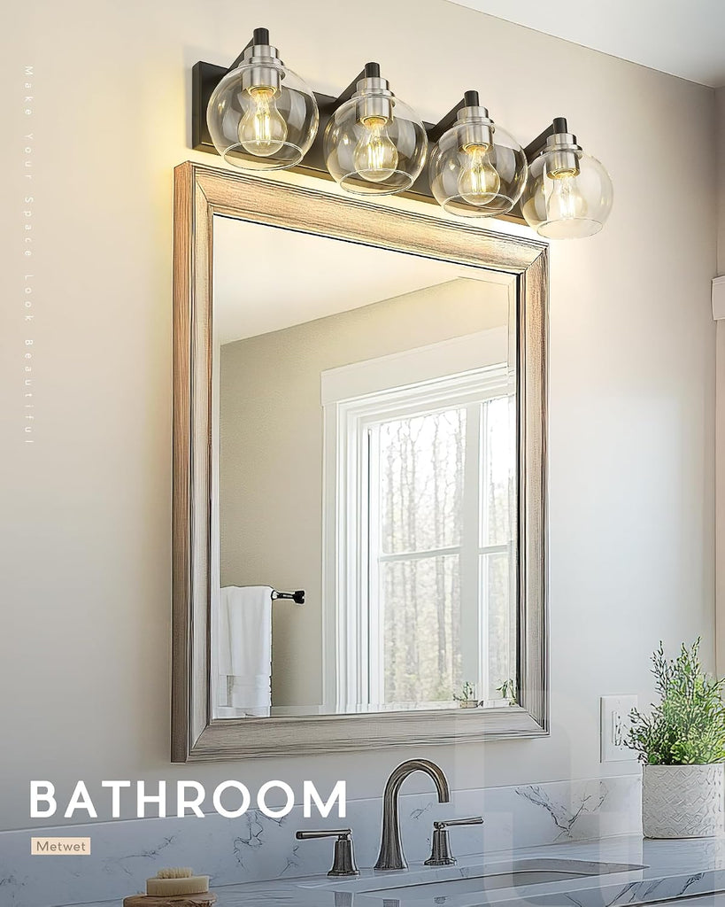 4-Light Black and Nickel Bathroom Vanity Light, Clear Glass Globes | Ideal for 30-40" mirrors, 26" modern bathroom