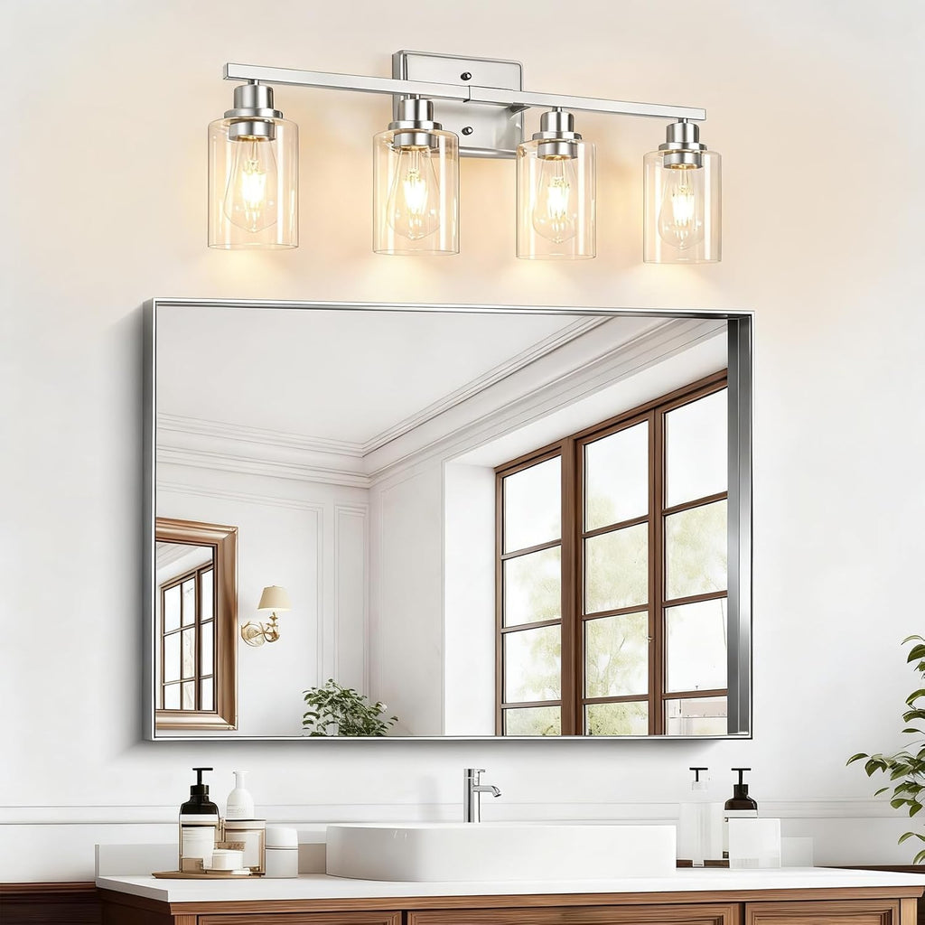 4-Light Bathroom Light Fixtures, Modern Vanity Lights with Clear Glass Shades, Brushed Nickel Bathroom Wall Lamp for