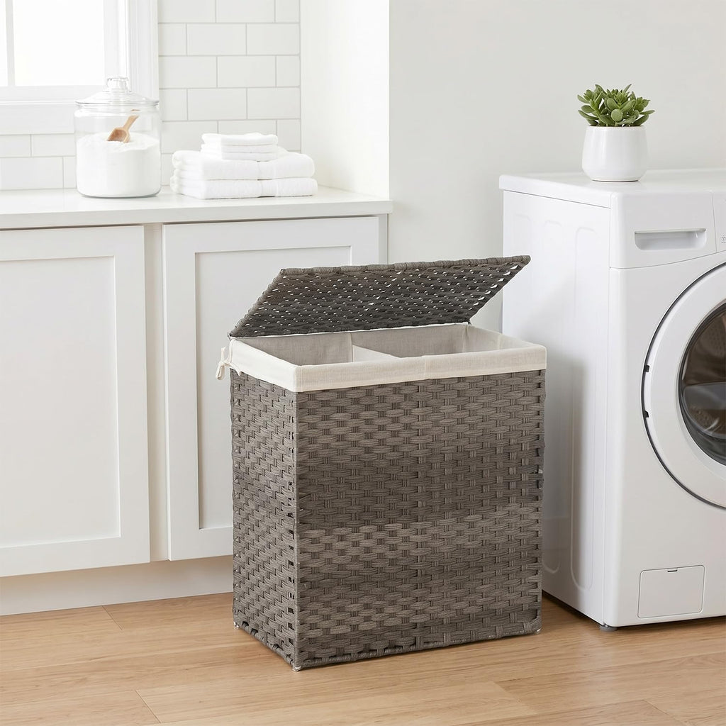 Handwoven Laundry Hamper with Lid, 110L Foldable Rattan Clothes Basket with 2 Removable Liners & 6 Mesh Laundry Bags