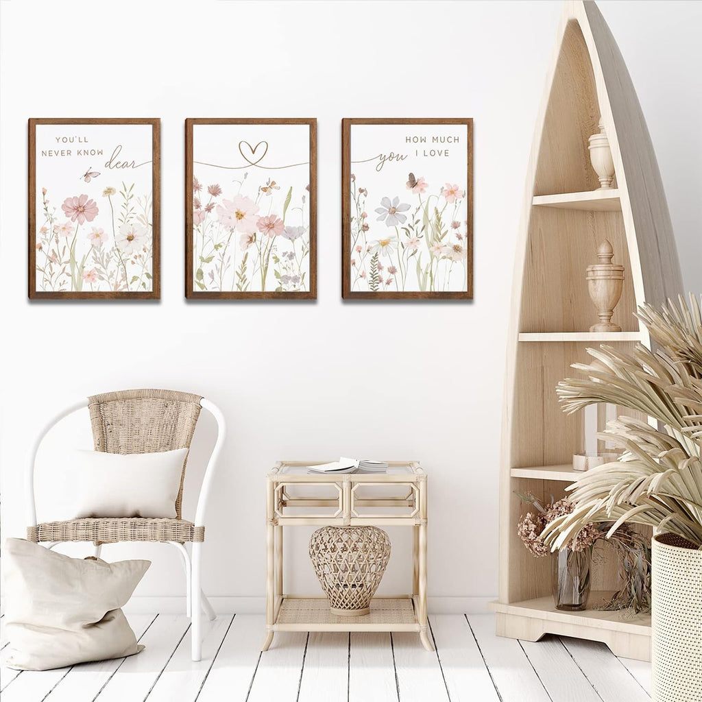 Rustic Floral Wall Art Set of 3, Watercolor Wildflower Prints with Heart Line and Inspirational Quotes Neutral