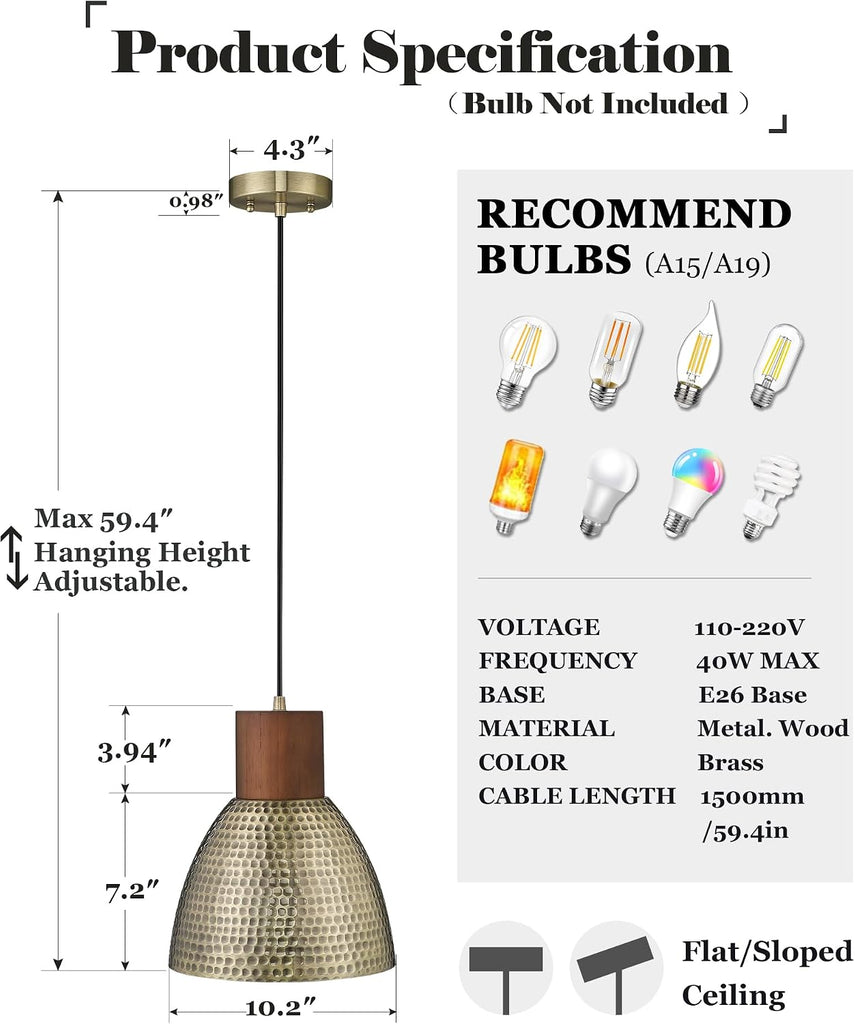 2 Pack Hammered Pendant Light Fixtures, 10.2" Vintage Metal Solid Wood Hanging Bar Lamp, Mid Century Antique Gold