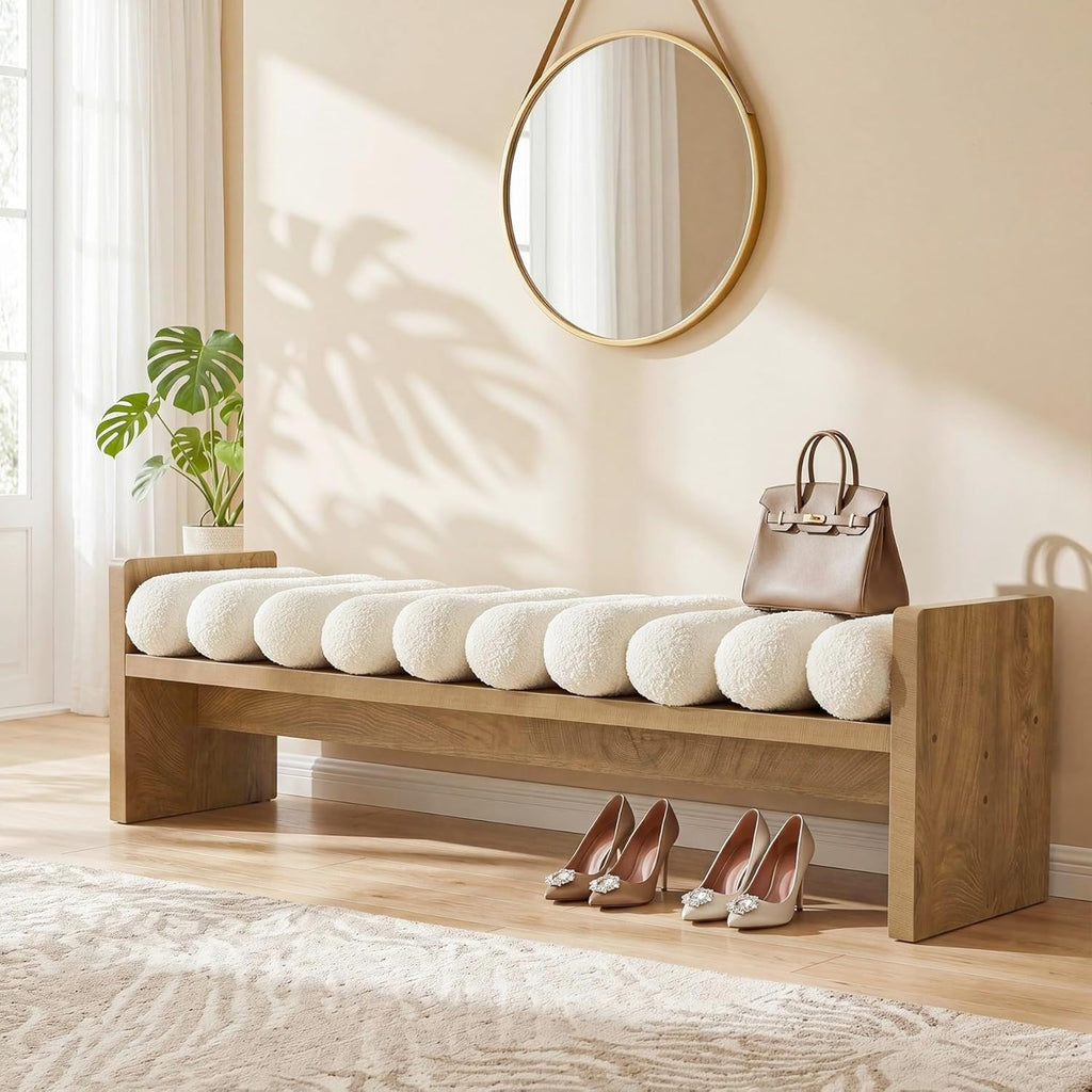 59'' Wooden Entryway Bench with Boucle Cushion, Upholstered Fabric End of Bed Bench, Aesthetic Large Oval Ottoman