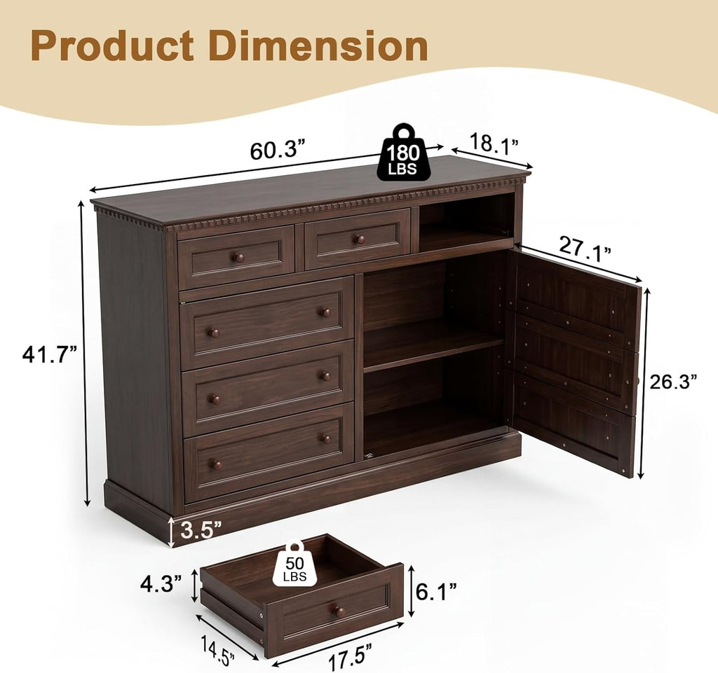 60" Sideboard Buffet Cabinet with Storage, Farmhouse Credenza with 2 Doors and 3 Drawers