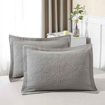 100% Cotton Quilted Pillow Sham Floral Printed Pillow Cover (Grey)