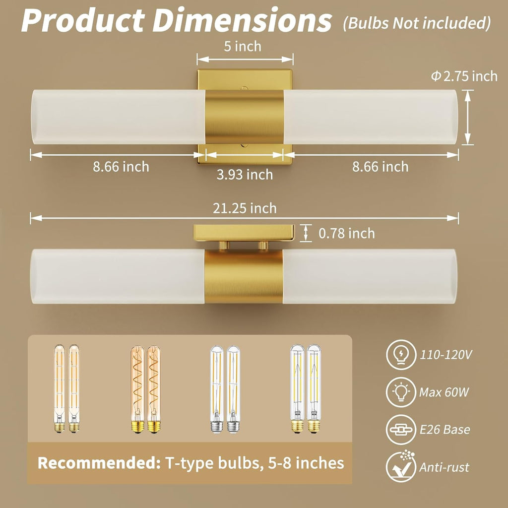 Wall Sconces Set of Two, Modern 21" Vanity, Frosted Glass, Gold | Indoor Wall Light Fixture. , Mirror, Bedroom