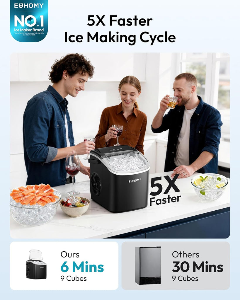 Countertop Ice Maker Machine with Handle, 26lbs in 24Hrs, 9 Ice Cubes Ready in 6 Mins, Auto-Cleaning Portable Ice