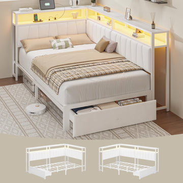 Twin Corner Bed Frame with Storage Drawers, Modern Daybed with LED Lights and Charging Station, Metal Twin Platform