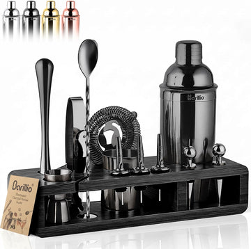 Black Bartender Kit - Stainless-Steel Cocktail Shaker Set w/Black Bamboo Stand - Mixology Bar Tools w/Drink Shaker - Set of 23