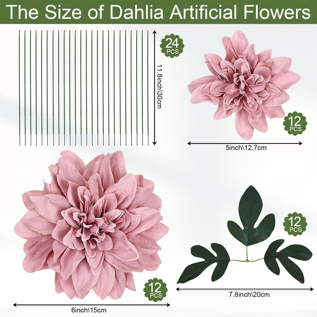 Dusty Pink Dahlia Artificial Flowers with Stems, Silk, 24 PCS