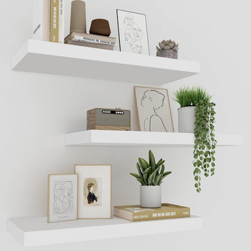 White Floating Shelves - Set of 3, 16" Wall Mounted Shelves Decor, Living Room, Bedroom, Bathroom, Kitchen
