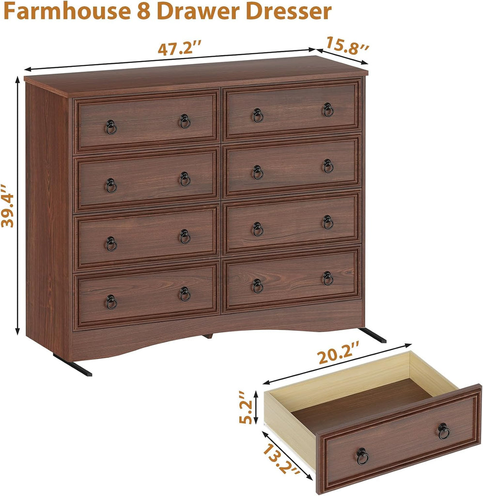 8 Drawer Dresser , Cherry Wood Chest of Drawers, Large Storage for Clothes, Vintage Design, 47.24W*15.75D* 39.4''H