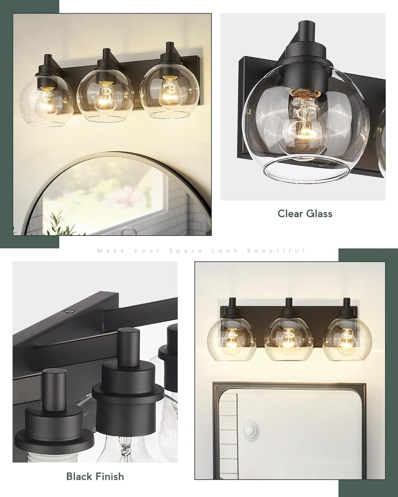 Bathroom Light Fixtures, 3-Light Matte Black Vanity Light, Modern Wall Sconces with Clear Glass Globe Shade, Bathroom