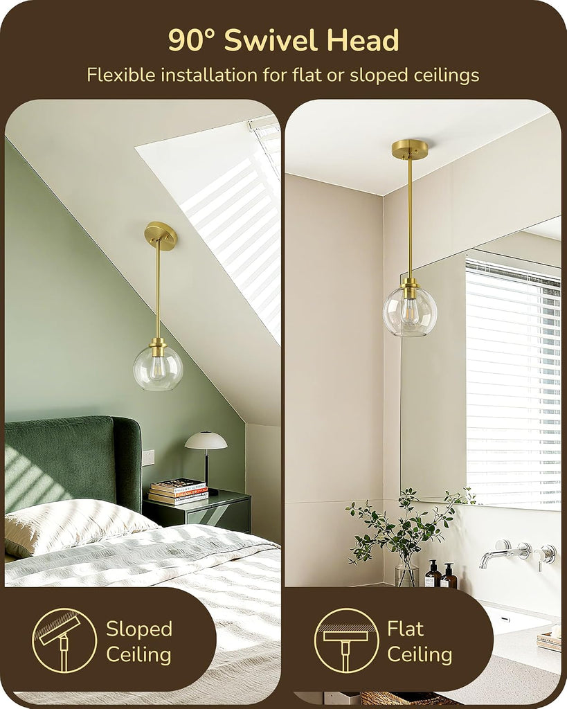 Pendant Light Fixtures 2 Pack with Clear Glass Globe Shade, Gold Kitchen Hanging Lighting Over Island, Hardwired