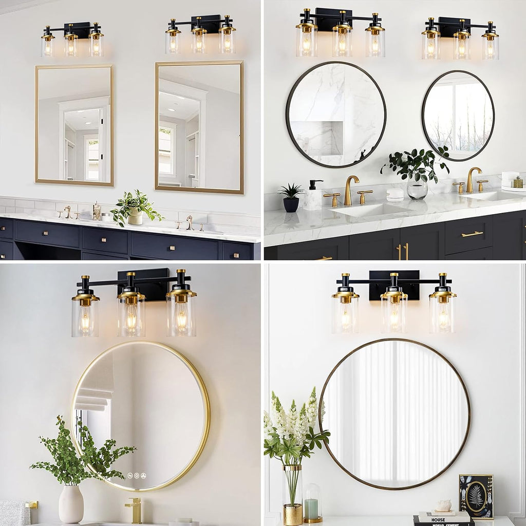 3 Light Bathroom Light Fixtures, Black and Brushed Gold Vanity Light Fixture Over Mirror, Modern Wall Sconces