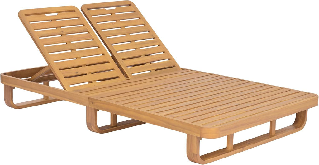 Double Acacia Wood Chaise Lounge with Dual Adjustable Backrests, Patio Outdoor Chaise Lounge, Wooden Sunbathing Pool