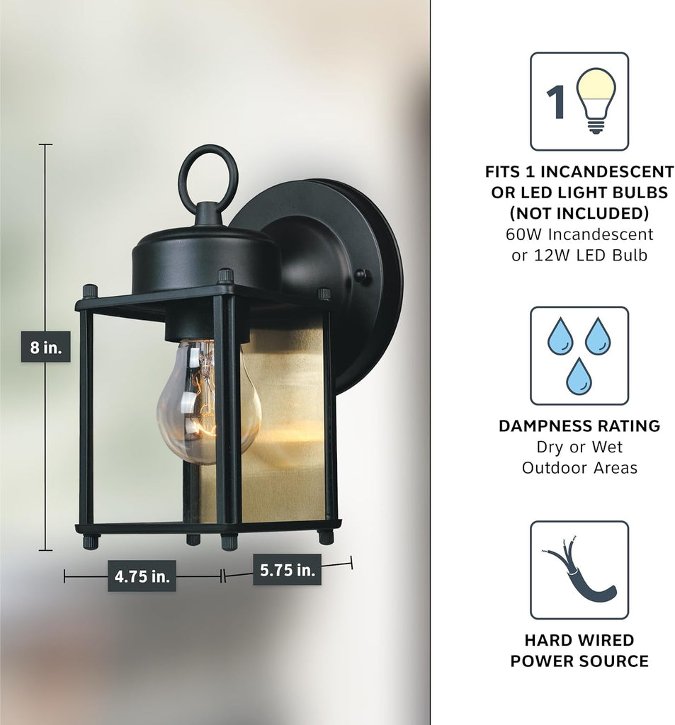 Preston Outdoor Light Fixture, 8 Inch Exterior Wall Lantern Sconce for Front Door, Patio and Porch, Black, 1161-BK