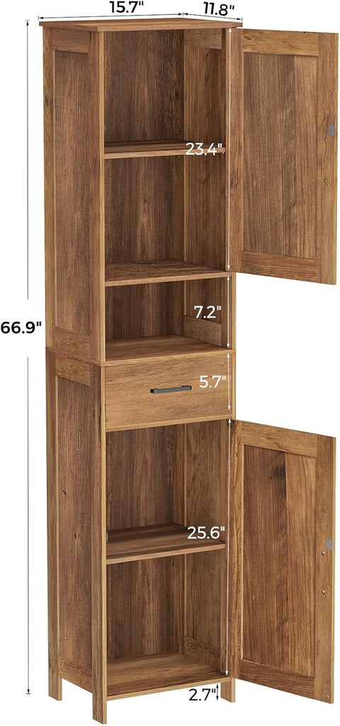 67" H Tall Bathroom Storage Cabinet with Barn Doors and Drawer | Narrow Storage Unit with Adjustable Shelves, Floor