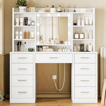 Vanity Desk with Mirror and Lights, Power Outlet, Makeup Vanity with 9 Drawers & 6 Open Storage Shelves, 3 Lighting