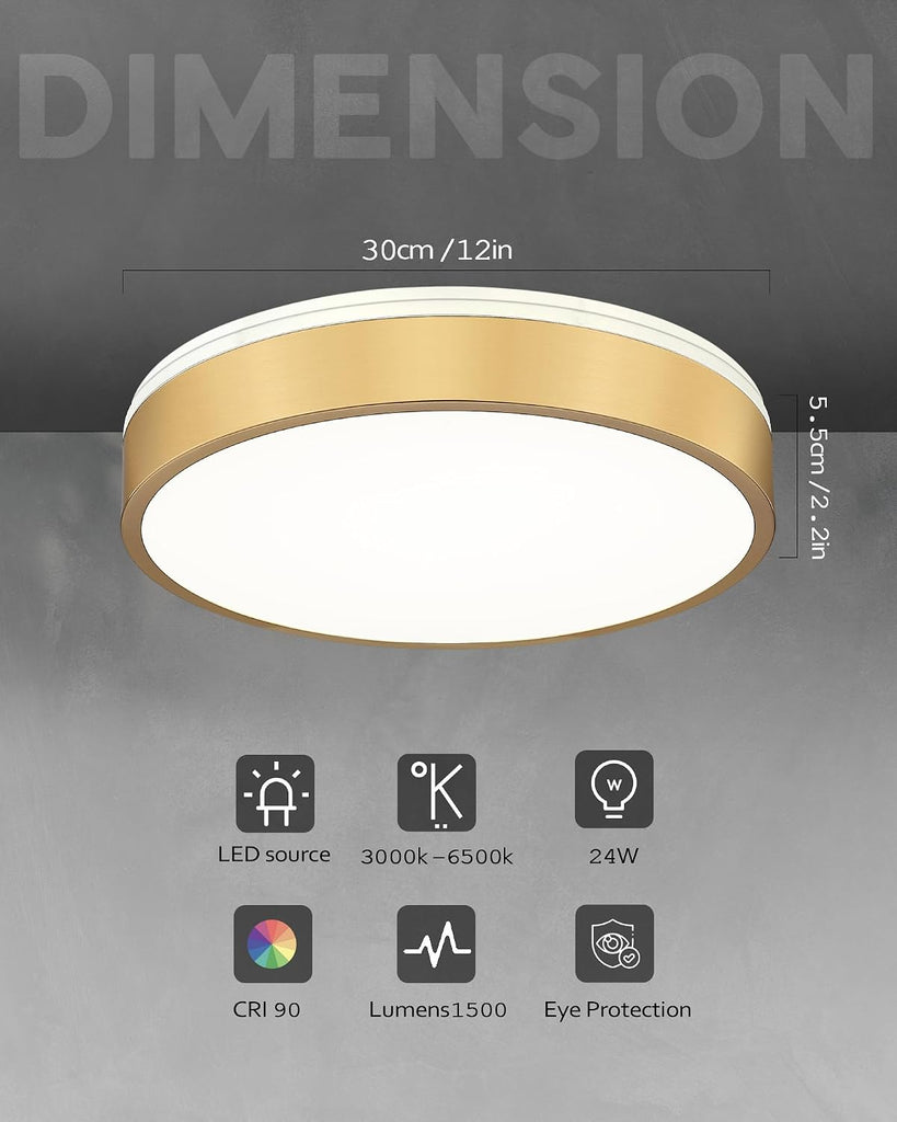 12" Modern Flush Mount Ceiling Light,Brush Gold,1 Pack | Close to Ceiling,5CCT 24W Dimmable LED,Bright Light