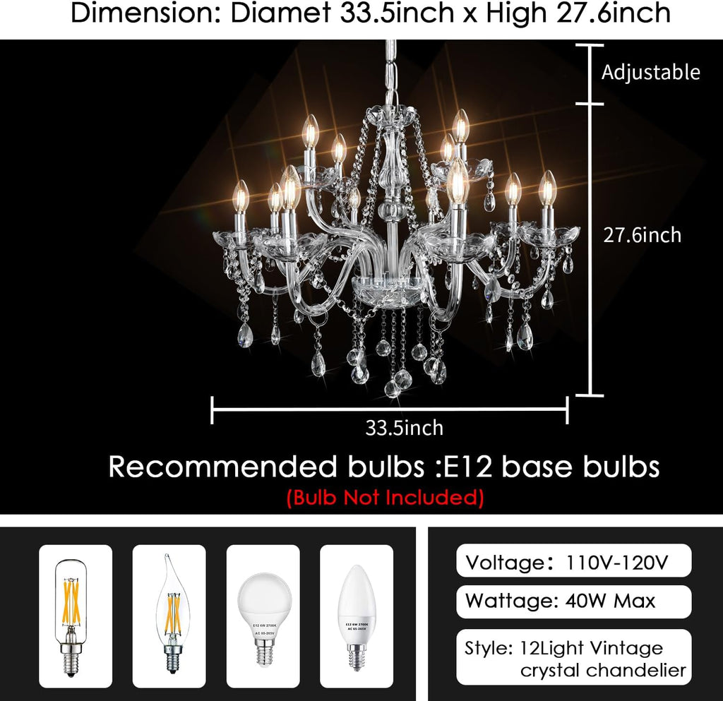 Gorgeous Vintage Crystal Chandelier 12-Lights K9 Large Crystal Candle Chandelier Pendant Ceiling Light Fixture for Living Room Dining Room Hallway Entry Chandeliers W33.5 X H47.2