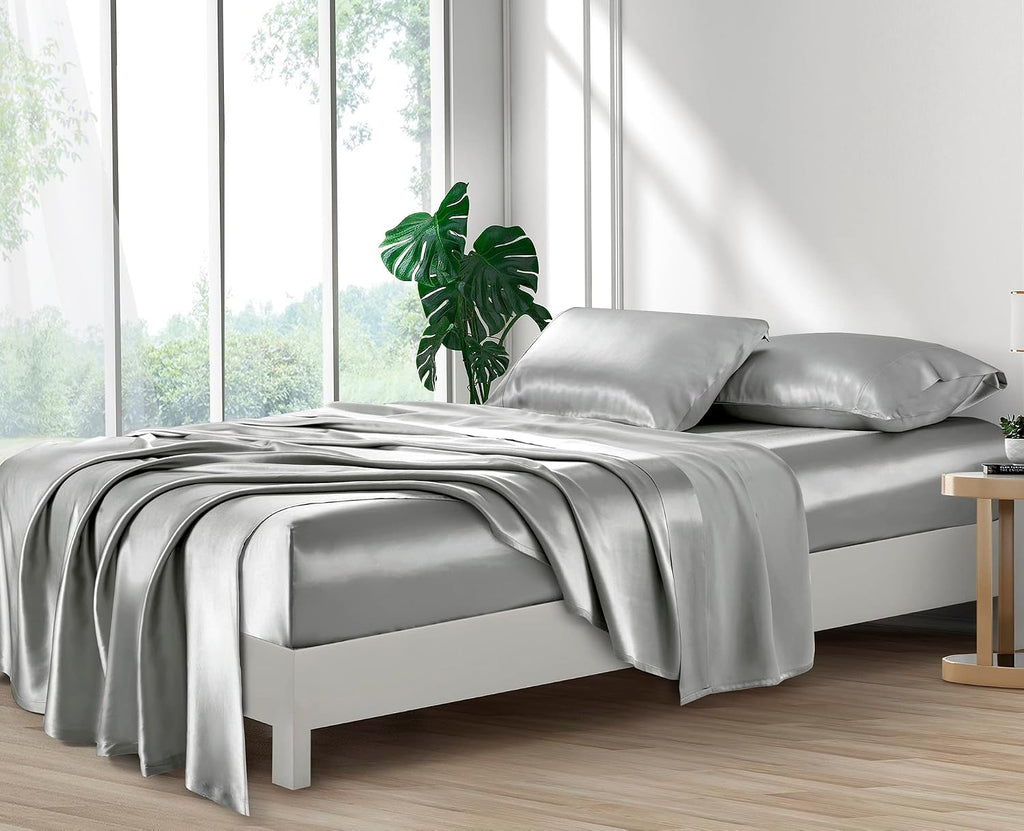 Silk like Satin Sheets, King Bed Sheet Set, Light Gray, 4 Piece