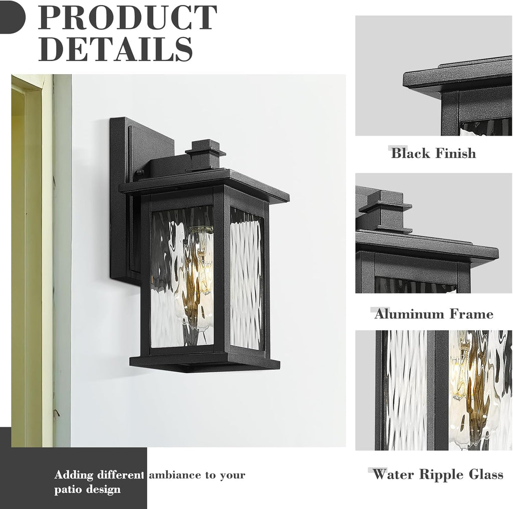 2-Pack Farmhouse Outdoor Wall Lights, 12 Inch Exterior Lights Fixture for House, Black Finish with Water Ripple Glass