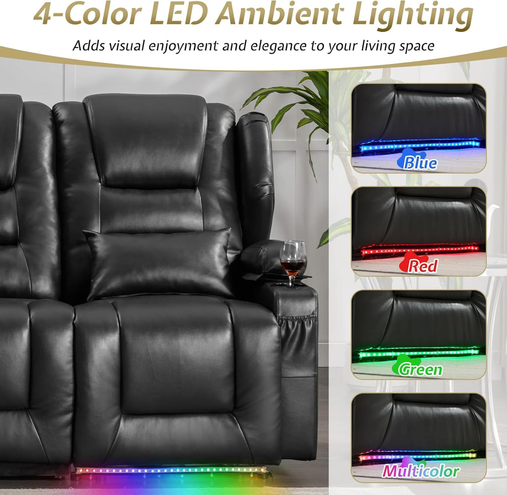 Power Loveseat Recliner Sofa with Adjustable Split Back, Multi-Port Charger, Flip-Up Backrest & LED Lighting