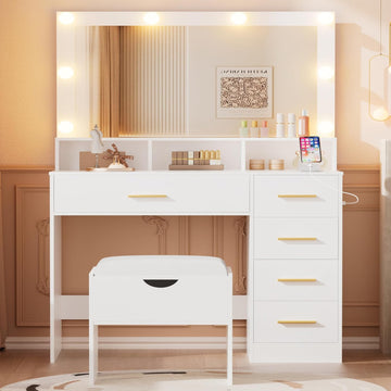 Vanity Desk with Mirror and Lights, 35.43" Large Mirror Makeup Table with Stool, 5 Drawers Dressing Table for Girls
