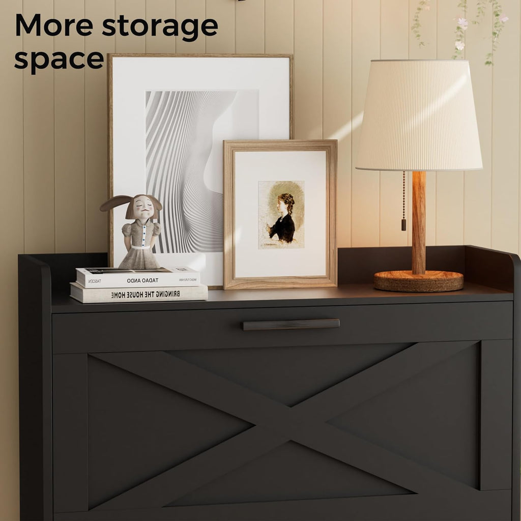 Farmhouse Shoe Storage Cabinet with Flip Drawers & Barn Door Design | Slim Narrow Shoe Rack Cabinet with Adjustable