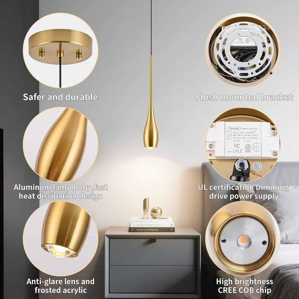 Gold Pendant Light, Modern Pendant Lights Kitchen Island, LED Hanging Light Fixtures for Dining Room Hallway Bedroom