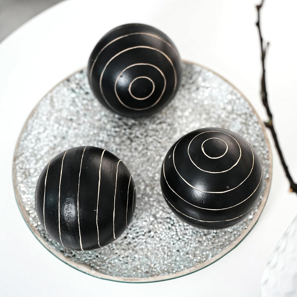 Decorative Orbs for Bowls and Vases, Circle Pattern, 4 inch Resin Round Sphere Balls, Set of 3, Living Room Coffee