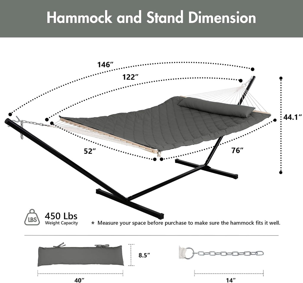 Heavy Duty Hammock with 12FT Stand, Rope Hammock for Outside, Gray | Double Hammock with Stand, Includes Hammock Pad