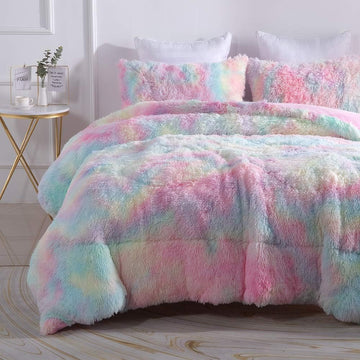 Faux Fur Plush Rainbow Comforter Set Fluffy Fuzzy Shaggy Bedding Set - 3PC Microfiber Soft Warm Quilt Set