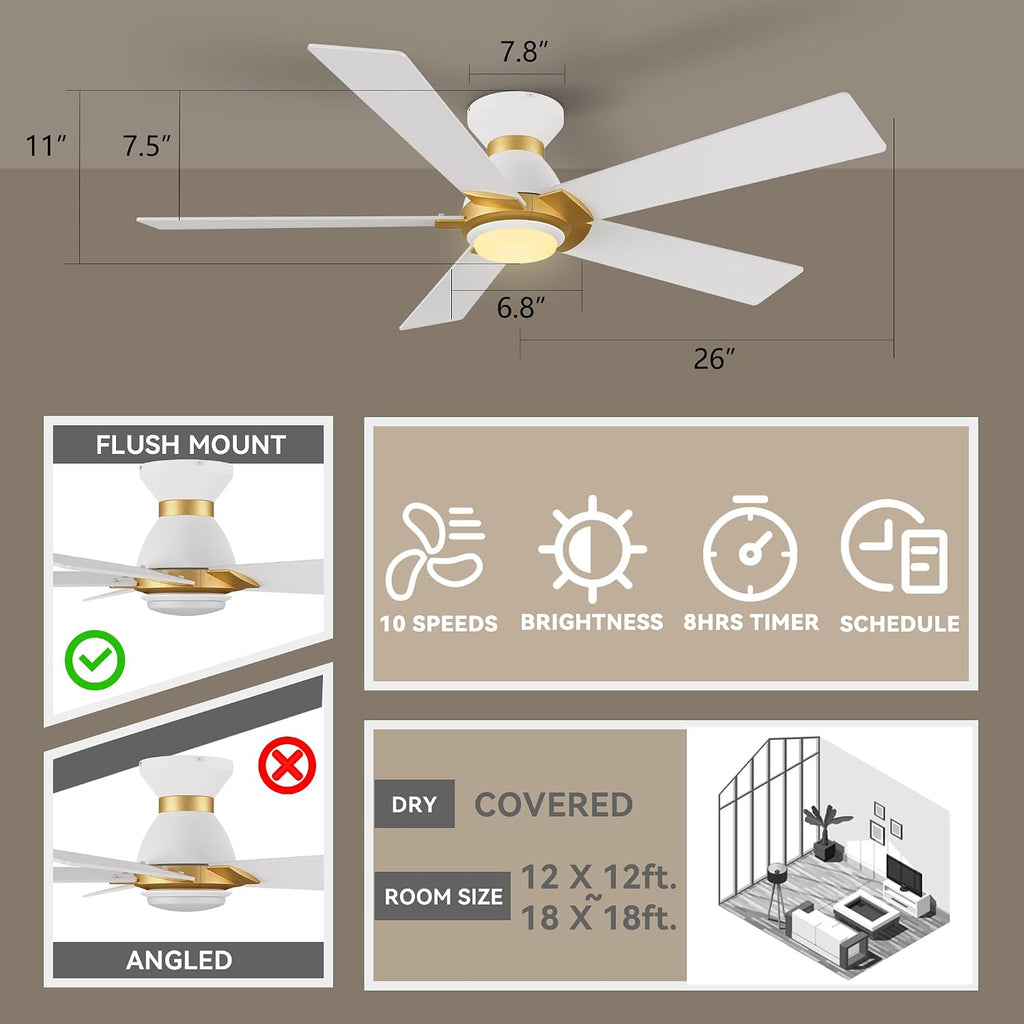 52 Inch Smart Ceiling Fan with Light and Remote, Flush Mount Modern Ceiling Fan with lights