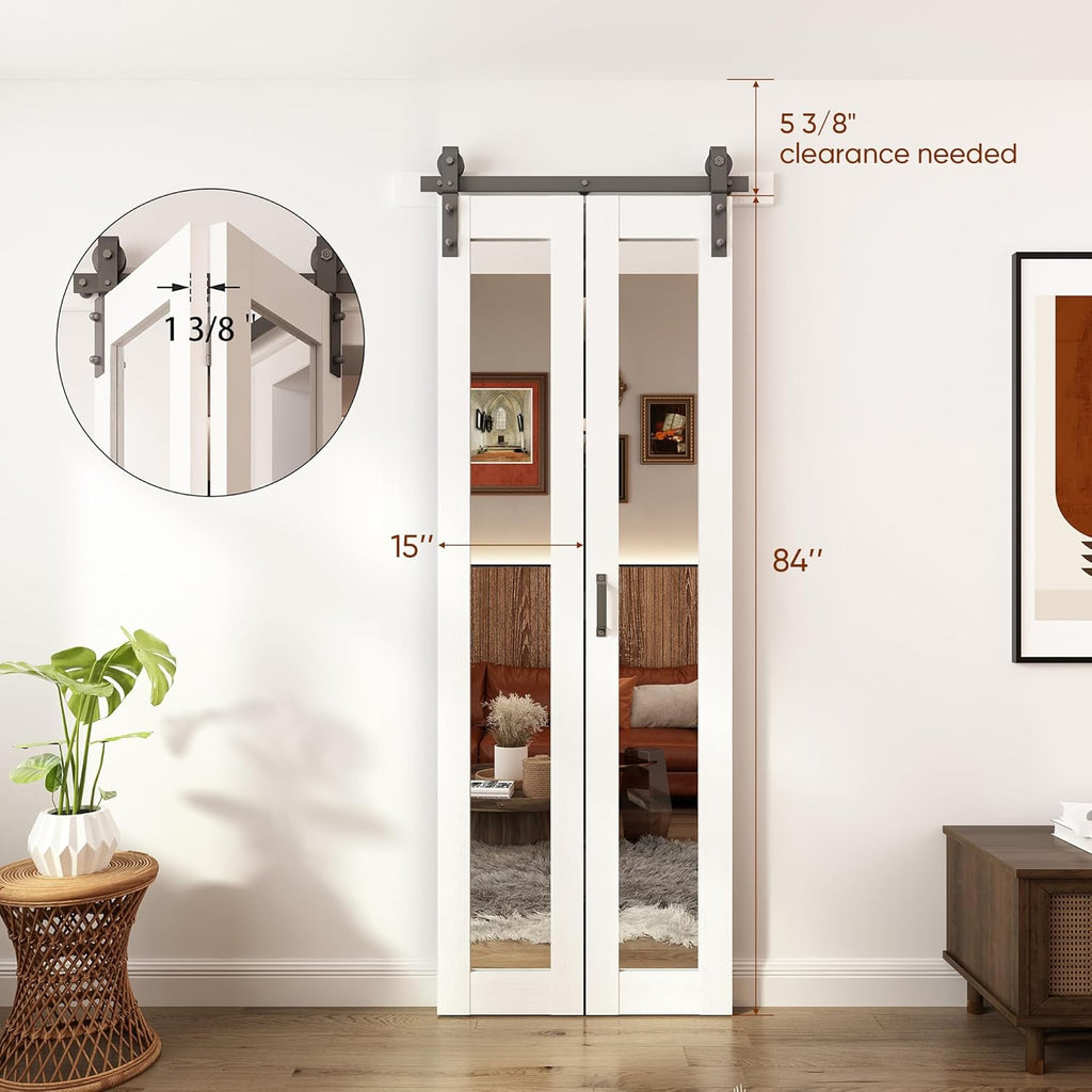 Bifold Barn Doors Mirror Closet Door, Bi fold Sliding Barn Doors with Hardware Include, Shatterproof