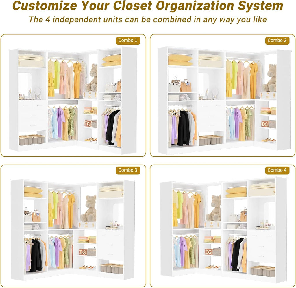 86" Closet System, Large Corner Closets Organizer with Hanging Rods and Mirror Design, Freestanding Adjustable Wood