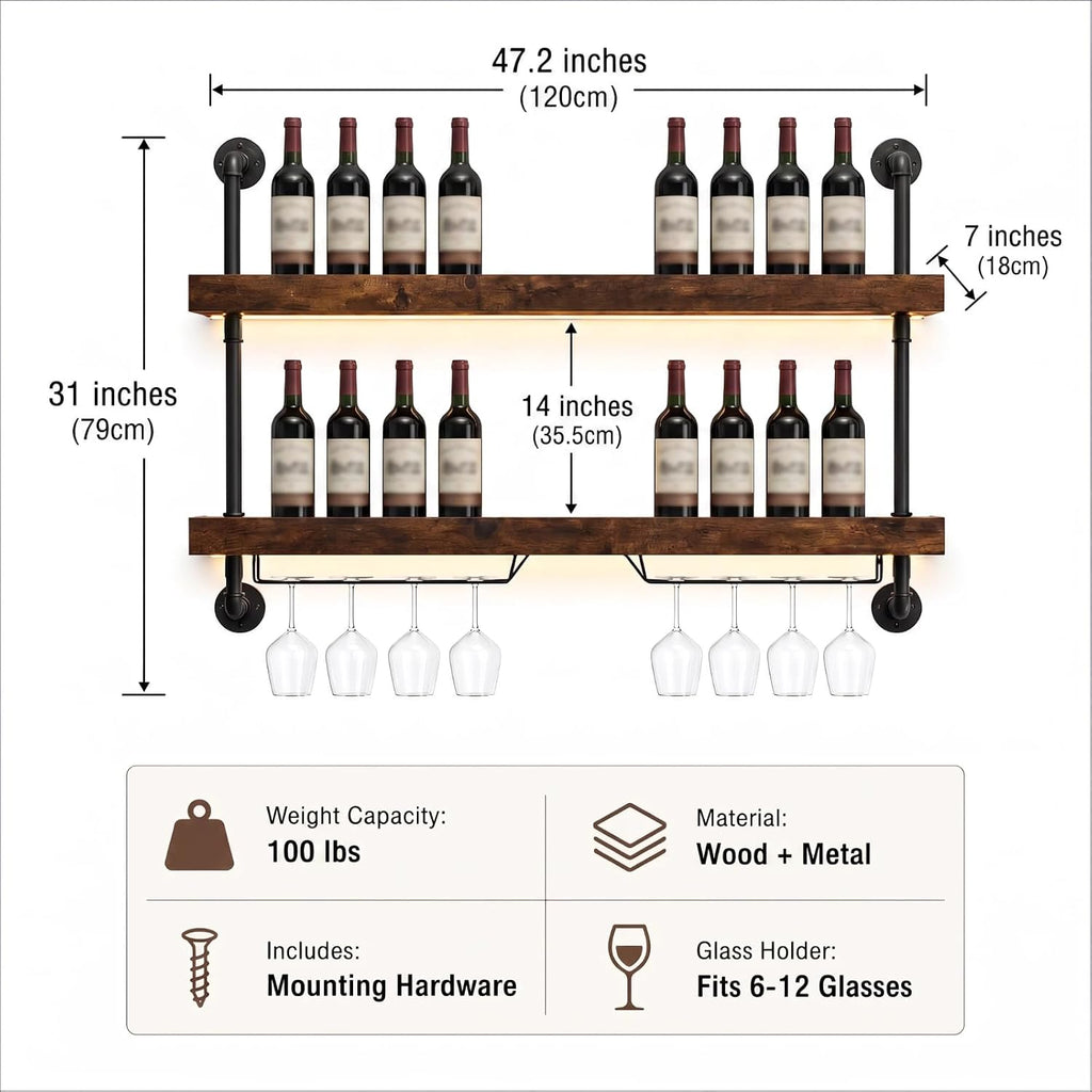 2-Tier Wall Mounted Wine Rack with LED Lights,47.2" W