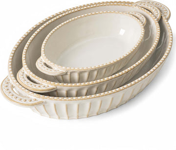 Casserole Dish for Oven, Ceramic Dishes Set, Oval Hobnail Bakeware Set of 3, 9.25"/12.28"/14.37" Dishes with Handle