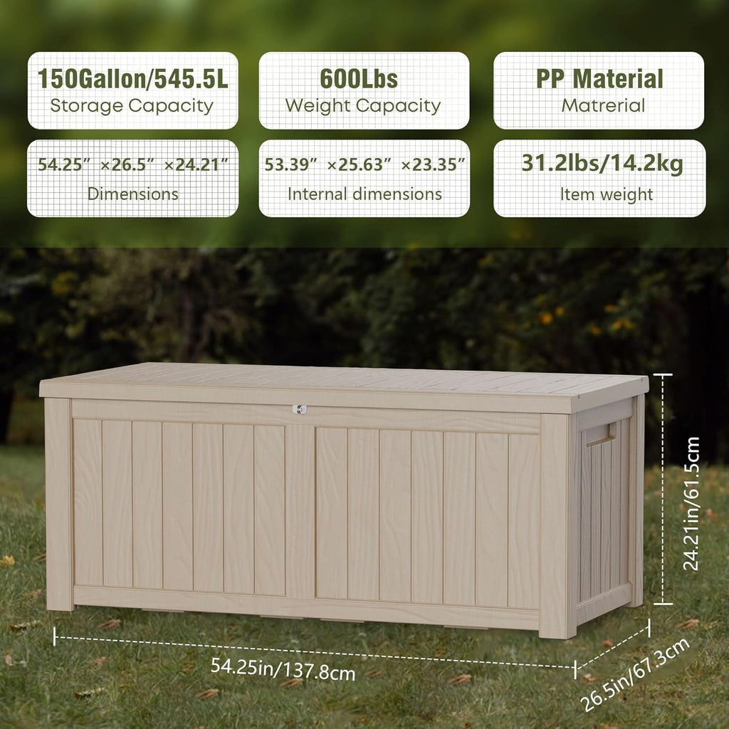 150 Gallon Outside Storage Box & Bench,Lockable&Waterproof Storage Organizer Furniture Accessories, Indoor Storage