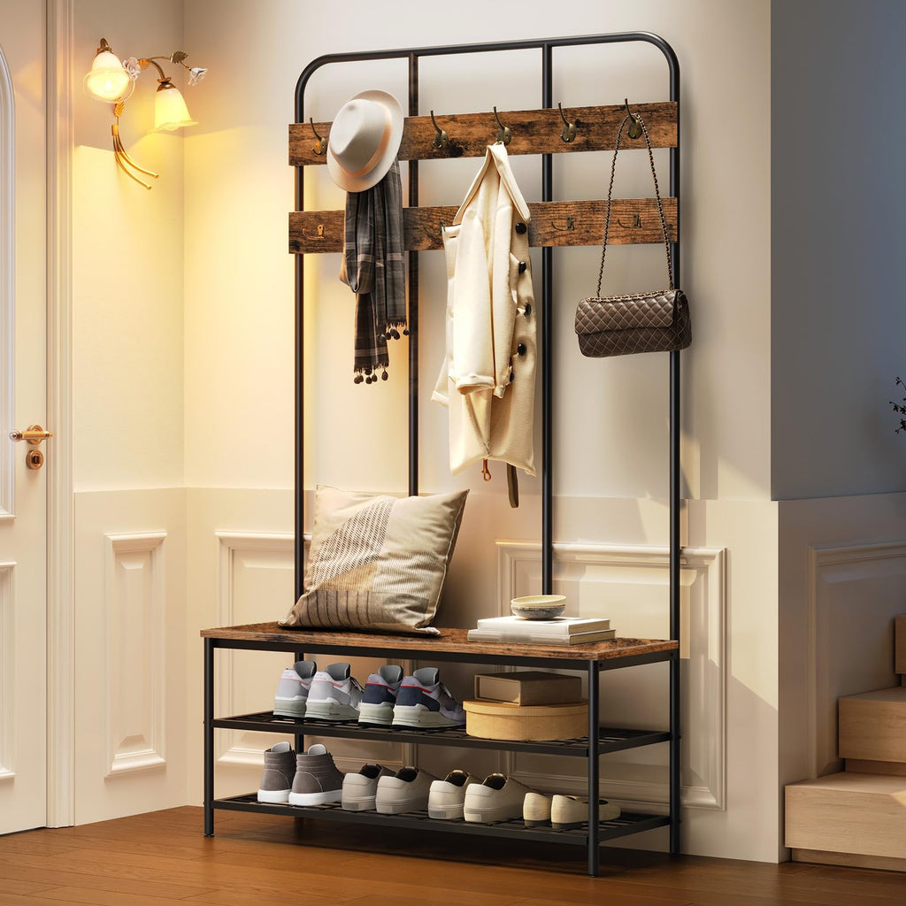 Hall Tree with Bench, Entryway Bench with Coat Rack, Mud Room Rack with 12 Double Hooks and Shoe Storage, Coat Tree