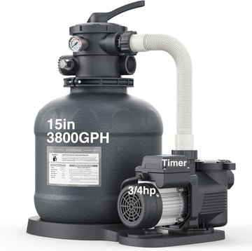 15" Sand Filter Pump for Above Ground Pool with Timer | 3/4HP 3800GPH Pool Pumps Above Ground for Pools Up to 15,000