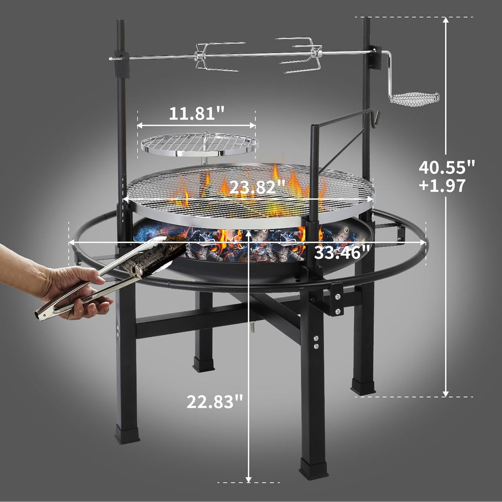 33 Inch Outdoor Fire Pit with 2 Grills, Wood Burning Firepit with Swivel Cooking Grate, Removable Swivel Grill