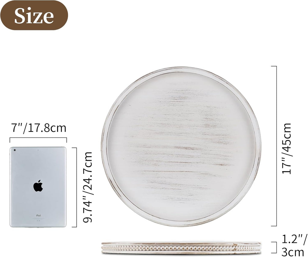 Large Round Decorative Tray: 17" White Coffee Table Decor Wood Centerpiece Beaded Trays Farmhouse Boho Ottoman