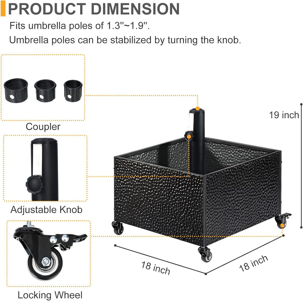 Heavy-Duty Metal Umbrella Base Stand with Wheels, 150lb Capacity Portable Fillable Planter - Black