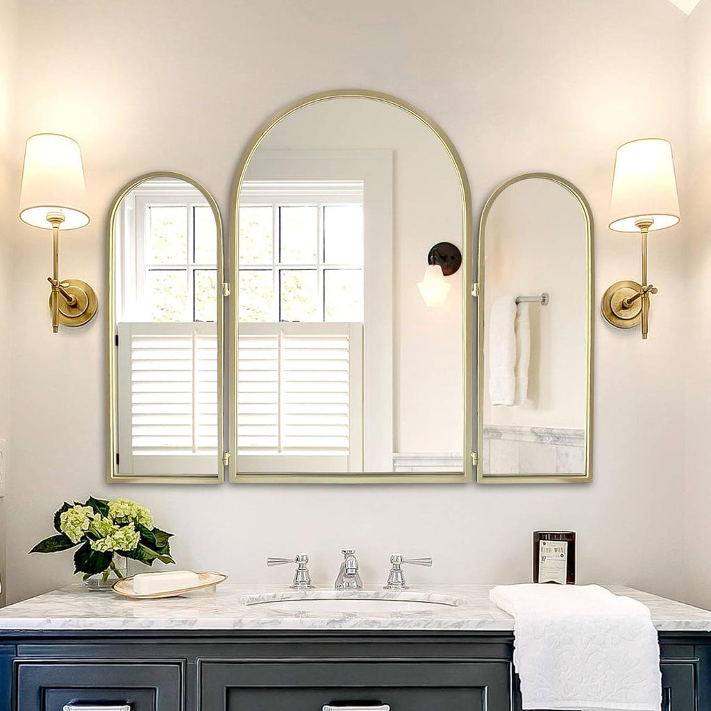 Trifold Vanity Mirrors 3 Way, 30 x 37in Adjustable Vanity Mirrors , Champaign Golden Arch Mirrors Wall Mounted
